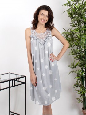 Polka Dots Print Nightgown W/ Lace Neckline